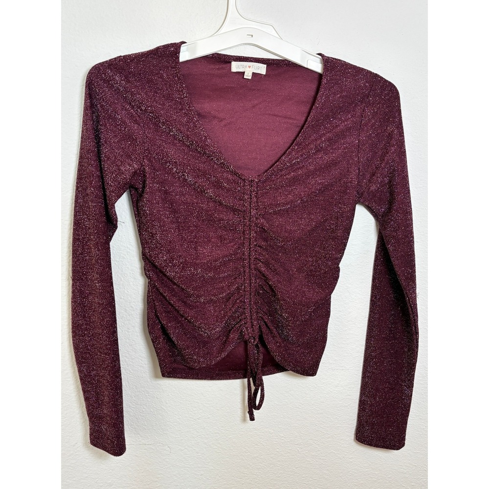 Ultra Flirt Burgundy Metallic Ruched Front V-Neck Long Sleeve Crop Top Small